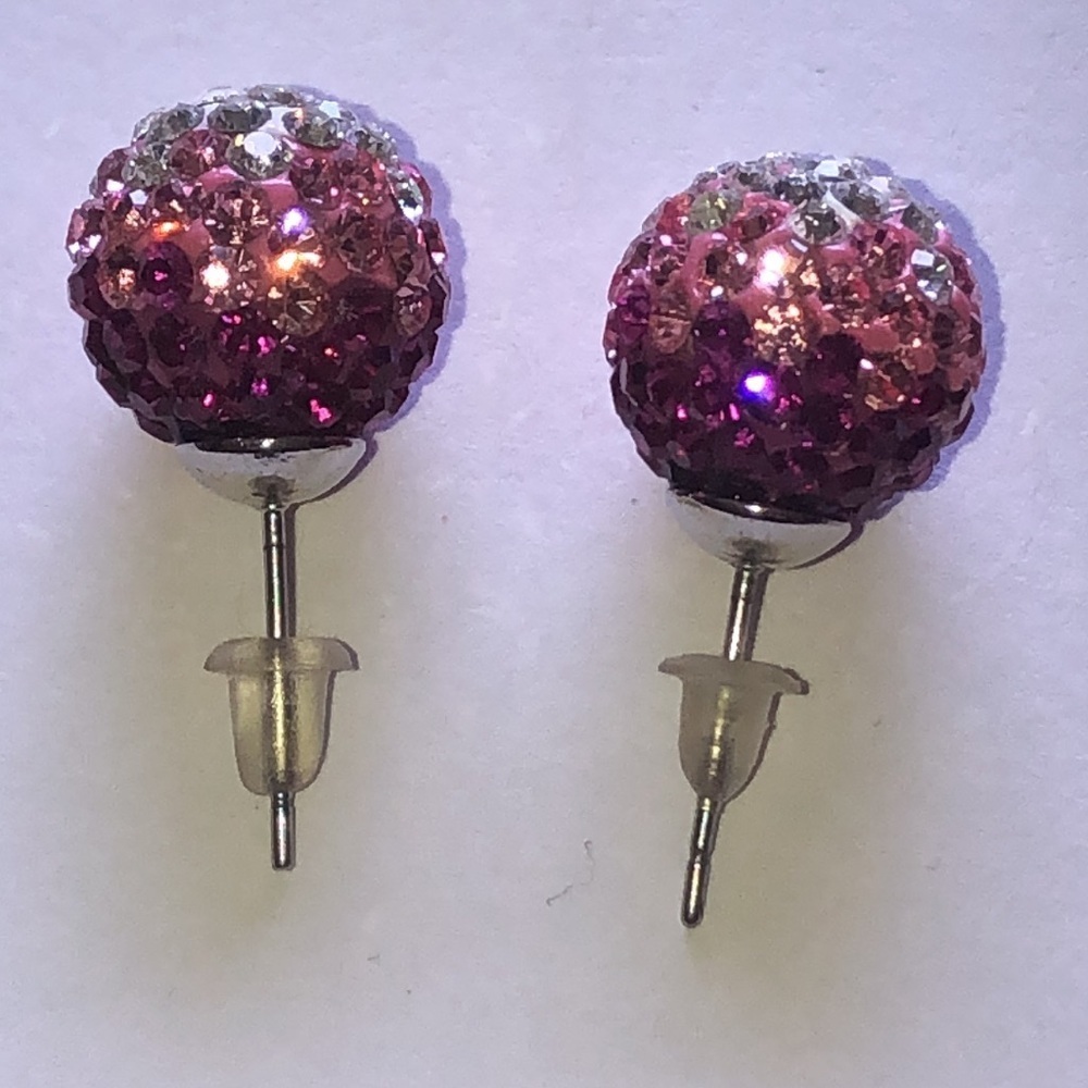 Pink Ombré and Silver Tone CZ  Rhinestone Ball Stud Boho Earrings - Picture 6 of 6